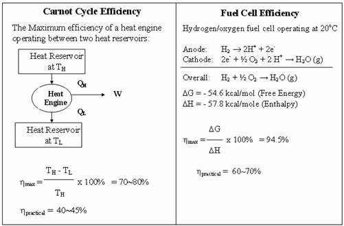 燃料电池与卡诺循环的热力学效率比较